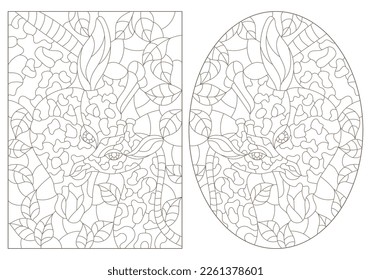 A set of contour illustrations in the style of stained glass with giraffes on a background of leaves, dark contours on a white background