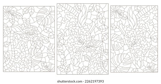 A set of contour illustrations in the style of stained glass with giraffes on a background of leaves, dark contours on a white background