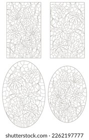 A set of contour illustrations in the style of stained glass with flower bouquets, dark contours on a white background