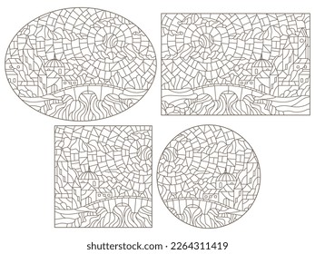 Un conjunto de ilustraciones de contorno en el estilo de vidrios manchados con paisajes urbanos, contornos oscuros sobre un fondo blanco