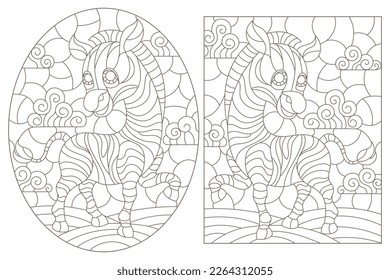 A set of contour illustrations in the style of stained glass with cartoon zebras, dark contours on a white background