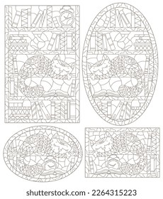 A set of contour illustrations in the style of stained glass with a cute cat on bookshelves, dark contours on a white background