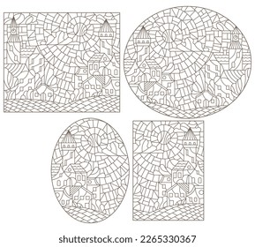 A set of contour illustrations in the style of stained glass with urban landscapes , dark contours on a white background