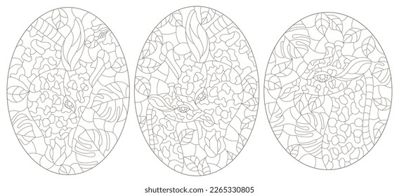 A set of contour illustrations in the style of stained glass with giraffes on a background of leaves, dark contours on a white background