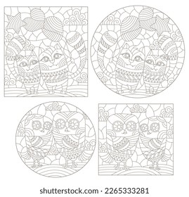 A set of contour illustrations in the style of stained glass with cute cartoon owls and cats, dark contours on a white background