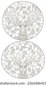 A set of contour illustrations in the style of stained glass with deer and elk heads, dark contours isolated on a white background