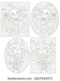A set of contour illustrations in the style of stained glass with cute cartoon cats, dark contours on a white background
