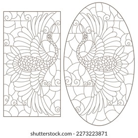 A set of contour illustrations in the style of stained glass with swans flying birds, animals isolated on a white background