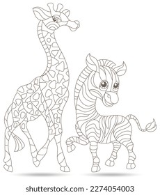 A set of contour illustrations in the style of stained glass with cartoon giraffe and zebra, dark contours on a white background