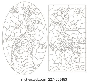 A set of contour illustrations in the style of stained glass with cartoon giraffes, dark contours on a white background