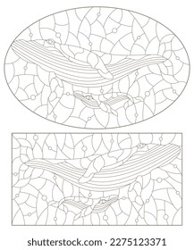 A set of contour illustrations in the style of stained glass with abstract whales, dark contours on a white background