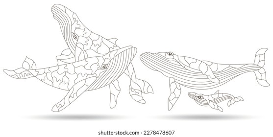 A set of contour illustrations in the style of stained glass with abstract whales, dark contours on a white background