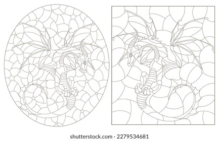 A set of contour illustrations in the style of stained glass with dragons, dark contours on a white background