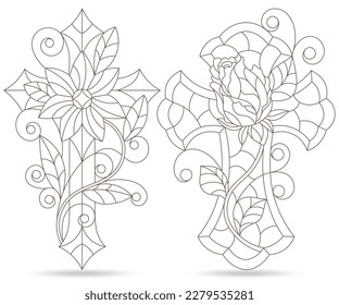 A set of contour illustrations in the style of stained glass with Christian crosses, dark contours on a white background