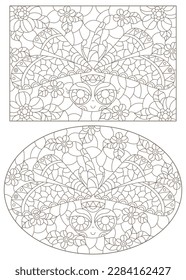 Eine Reihe von Konturillustrationen im Stil von Buntglas mit süßen Cartoon-Libellen und Blumen, dunkle Konturen auf weißem Hintergrund