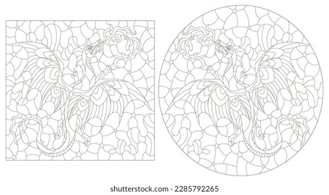 A set of contour illustrations in the style of stained glass with dragons, dark contours on a white background