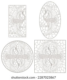 A set of contour illustrations in the style of stained glass with swans flying birds, animals isolated on a white background