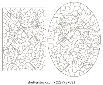 Un conjunto de ilustraciones de contorno en el estilo de vidrio manchado con composiciones de revólveres y rosas, aisladas sobre un fondo blanco