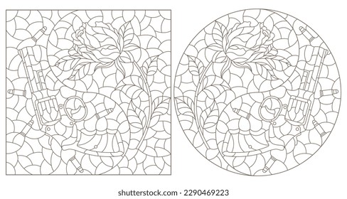 Un conjunto de ilustraciones de contorno en el estilo de vidrio manchado con composiciones de revólveres y rosas, aisladas sobre un fondo blanco