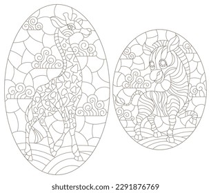 A set of contour illustrations in the style of stained glass with cartoon giraffe and zebra, dark contours on a white background