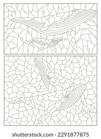 A set of contour illustrations in the style of stained glass with abstract whales, dark contours on a white background
