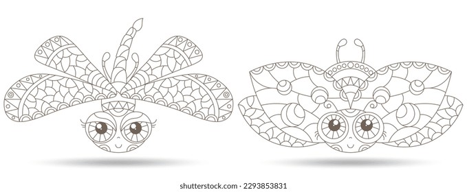 A set of contour illustrations in the style of stained glass with cute cartoon ladybirds,dragonflies, dark outlines isolated on a white background