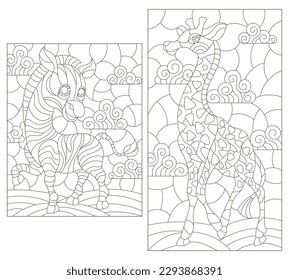 A set of contour illustrations in the style of stained glass with cartoon giraffe and zebra, dark contours on a white background