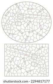A set of contour illustrations in the style of stained glass with compositions of revolvers and bullets, isolated on a white background