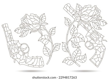 Un conjunto de ilustraciones de contorno en el estilo de vidrio manchado con composiciones de revólveres y rosas, aisladas sobre un fondo blanco