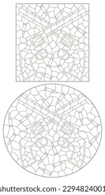 Un conjunto de ilustraciones de contorno en el estilo de vidrio manchado con composiciones de revólveres y balas, aisladas en un fondo blanco