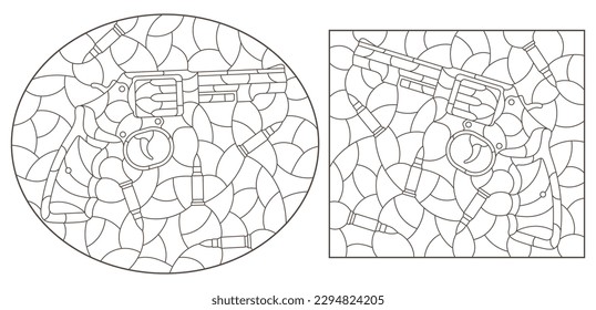 Un conjunto de ilustraciones de contorno en el estilo de vidrio manchado con composiciones de revólveres y balas, aisladas en un fondo blanco
