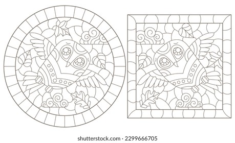 A set of contour illustrations in the style of stained glass with cute cartoon owls, dark contours on a white background