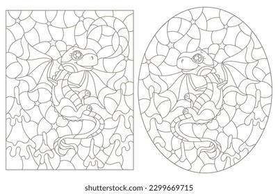 A set of contour illustrations in the style of stained glass with cute cartoon dragons on the background of Christmas trees and the starry sky