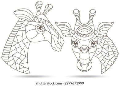 A set of contour illustrations in the style of stained glass with giraffe faces, animals isolated on a white background