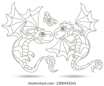 Set of contour illustrations in the style of stained glass with cartoon cute dragons, dark outlines on a white background