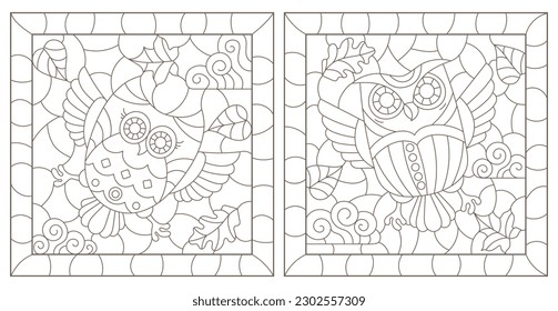 A set of contour illustrations in the style of stained glass with cute cartoon owls, dark contours on a white background