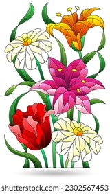 A set of contour illustrations in the style of stained glass with flower bouquets, flowers isolated on a white background