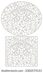 A set of contour illustrations in the style of stained glass with compositions of revolvers and bullets, isolated on a white background