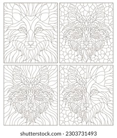 A set of contour illustrations in the style of stained glass with abstract foxes, dark contours on a white background