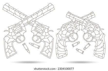 Un conjunto de ilustraciones de contorno en el estilo de vidrio manchado con composiciones de revólveres y balas, aisladas en un fondo blanco