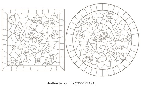 A set of contour illustrations in the style of stained glass with cute cartoon owls, dark contours on a white background