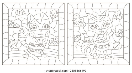 A set of contour illustrations in the style of stained glass with cute cartoon raccoon and fox, dark contours on a white background