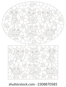 A set of contour illustrations in the style of stained glass with cute cartoon raccoon and fox, dark contours on a white background