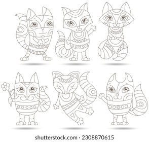 A set of contour illustrations in the style of stained glass with cute cartoon raccoon and fox, dark contours on a white background