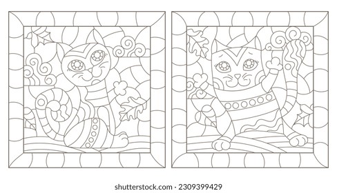 A set of contour illustrations in the style of stained glass with cute cartoon cats, dark contours on a white background