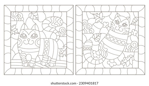 A set of contour illustrations in the style of stained glass with cute cartoon cats, dark contours on a white background