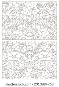 A set of contour illustrations in the style of stained glass with cute cartoon ladybirds,dragonflies and flowers, dark outlines on a white background