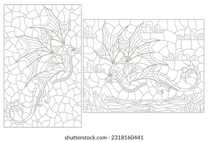 A set of contour illustrations in the style of stained glass with dragons, dark contours on a white background