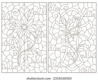 A set of contour illustrations in the style of stained glass with Christian crosses, dark contours on a white background