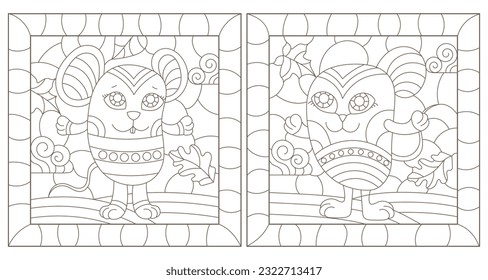 A set of contour illustrations in the style of stained glass with cute cartoon mice, dark contours on a white background